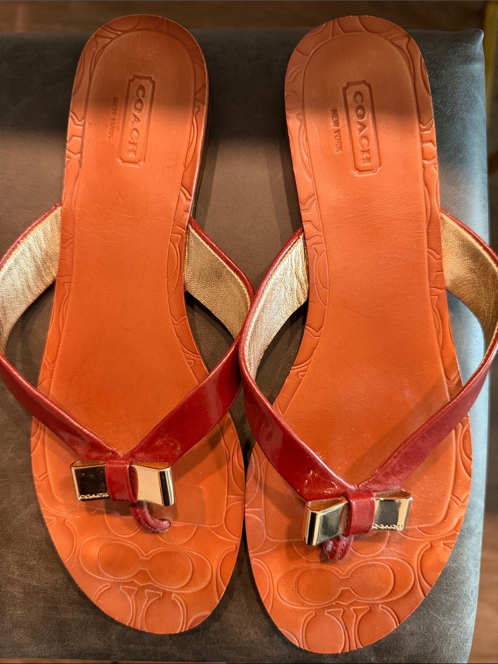 Coach Women’s Red Leather Bow-Accent Sandals with Gold Hardware